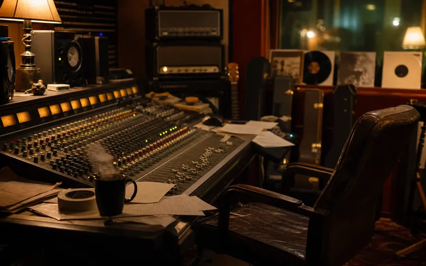 Mixerbord i inspelningsstudio med gitarrförstärkare och instrument i bakgrunden
