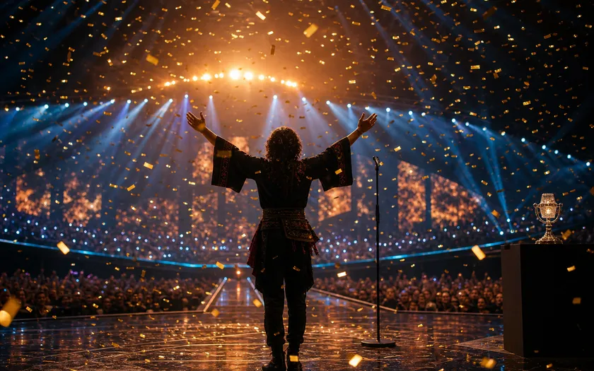 Scen från Eurovision-finalen med konfetti som faller över vinnaren på scenen